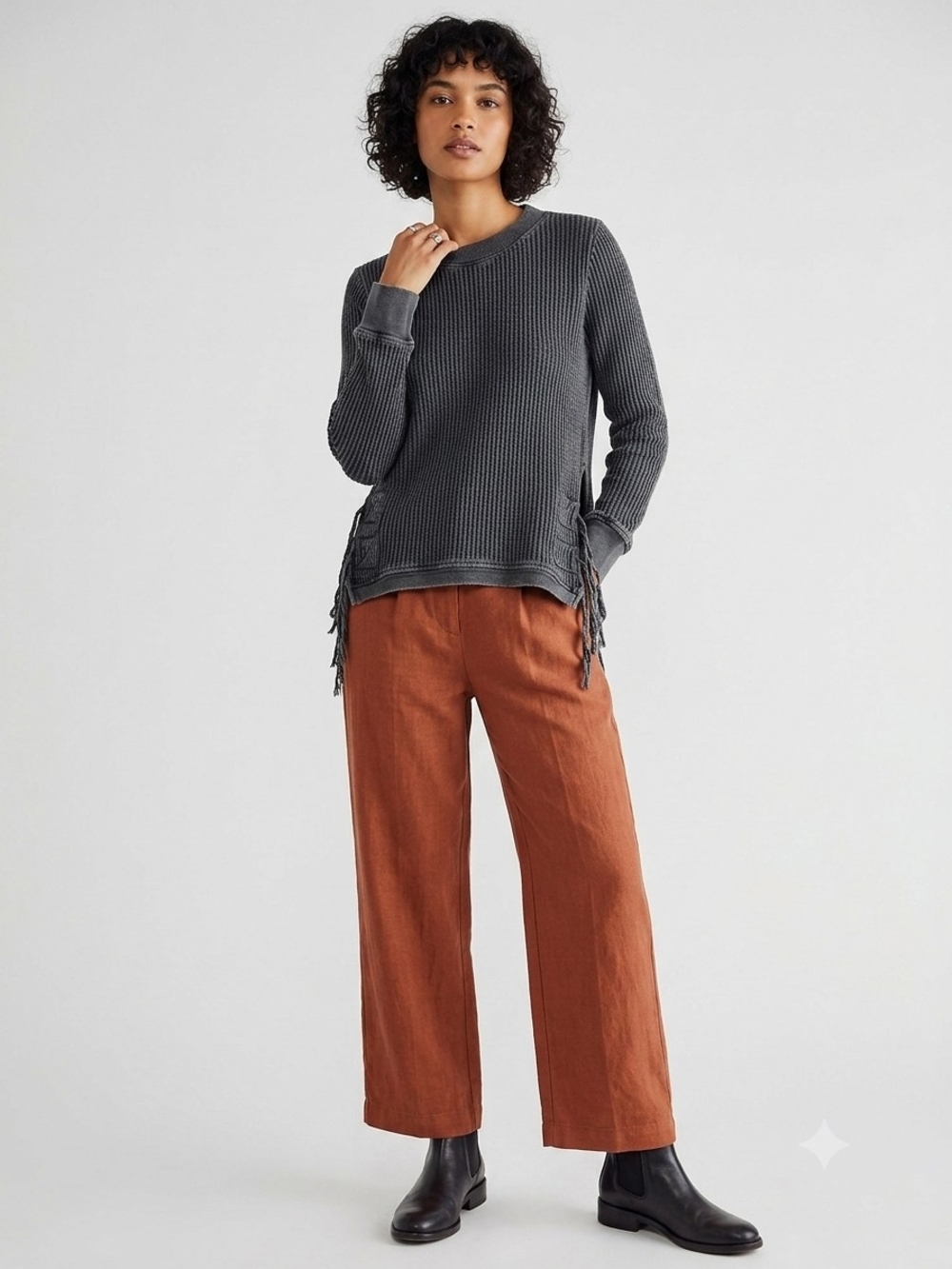 Free People FP One Interlaken Waffle Knit Cropped Thermal Top Black washed